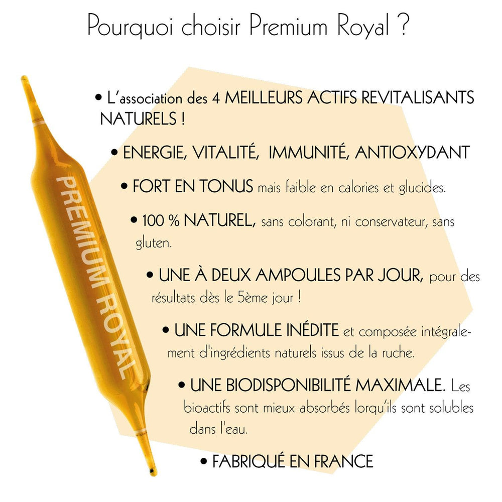 Premium Royal | Retrouvez Forme, Tonus & Vitalité 🌟 | 100% naturel 🍯 | Gelée Royale 1000 mg, Propolis 2500 mg, Pollen 1000 mg | Fabriqué en France 🇫🇷