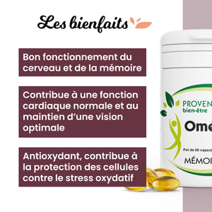 Oméga 3 | Bon fonctionnement du cerveau et de la mémoire. Contribue à une fonction cardiaque normale et au maintien d’une vision optimale. Antioxydant, contribue à la protection des cellules contre le stress oxydatif.